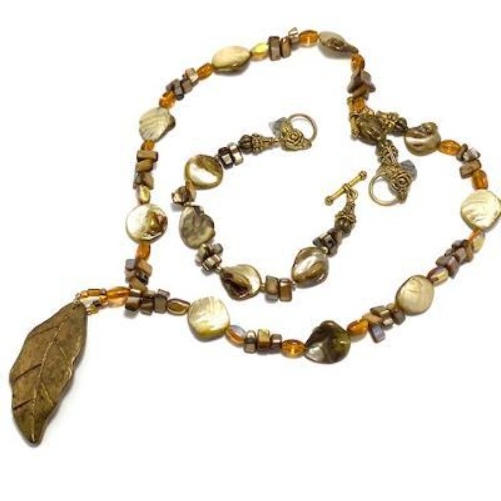 Handmade  Jewelry Set by Surdigirl - Metal Leaf Pendant, Shell & Acrylic